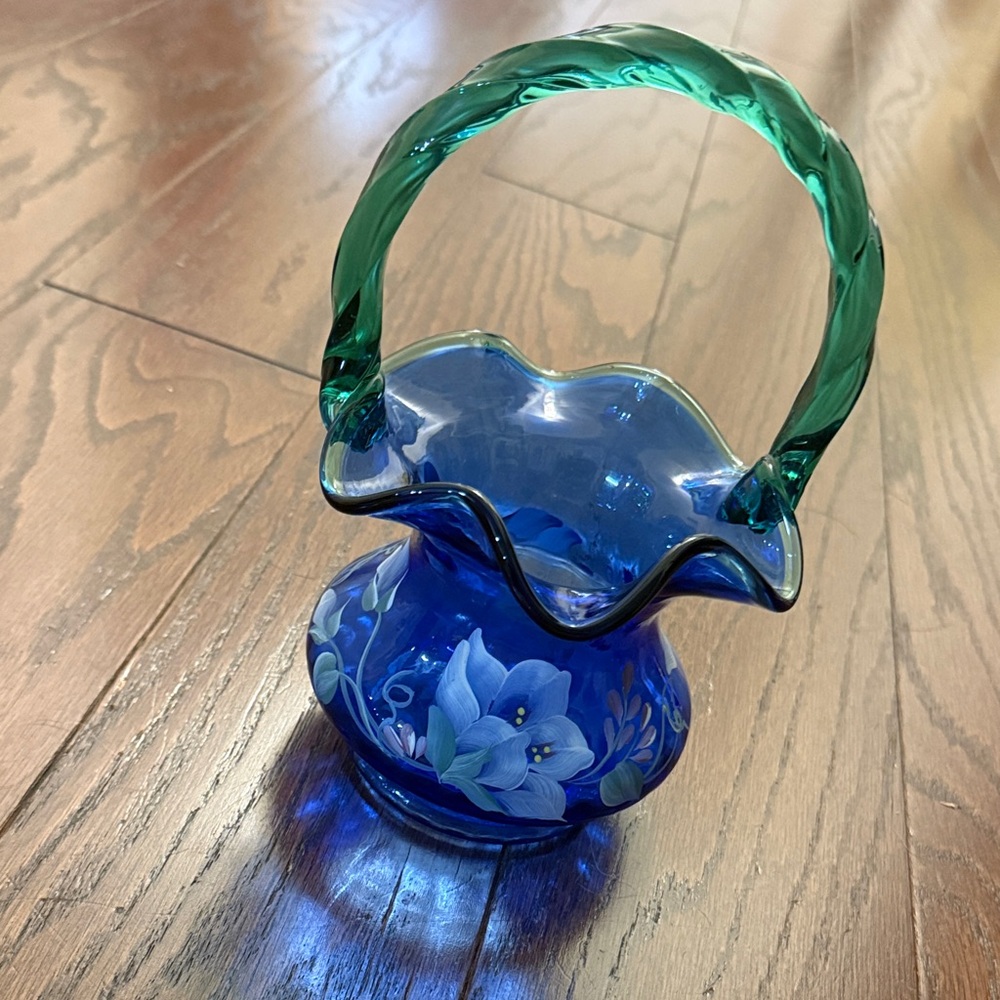 Fenton Blue and Green Glass Basket with Floral Motif